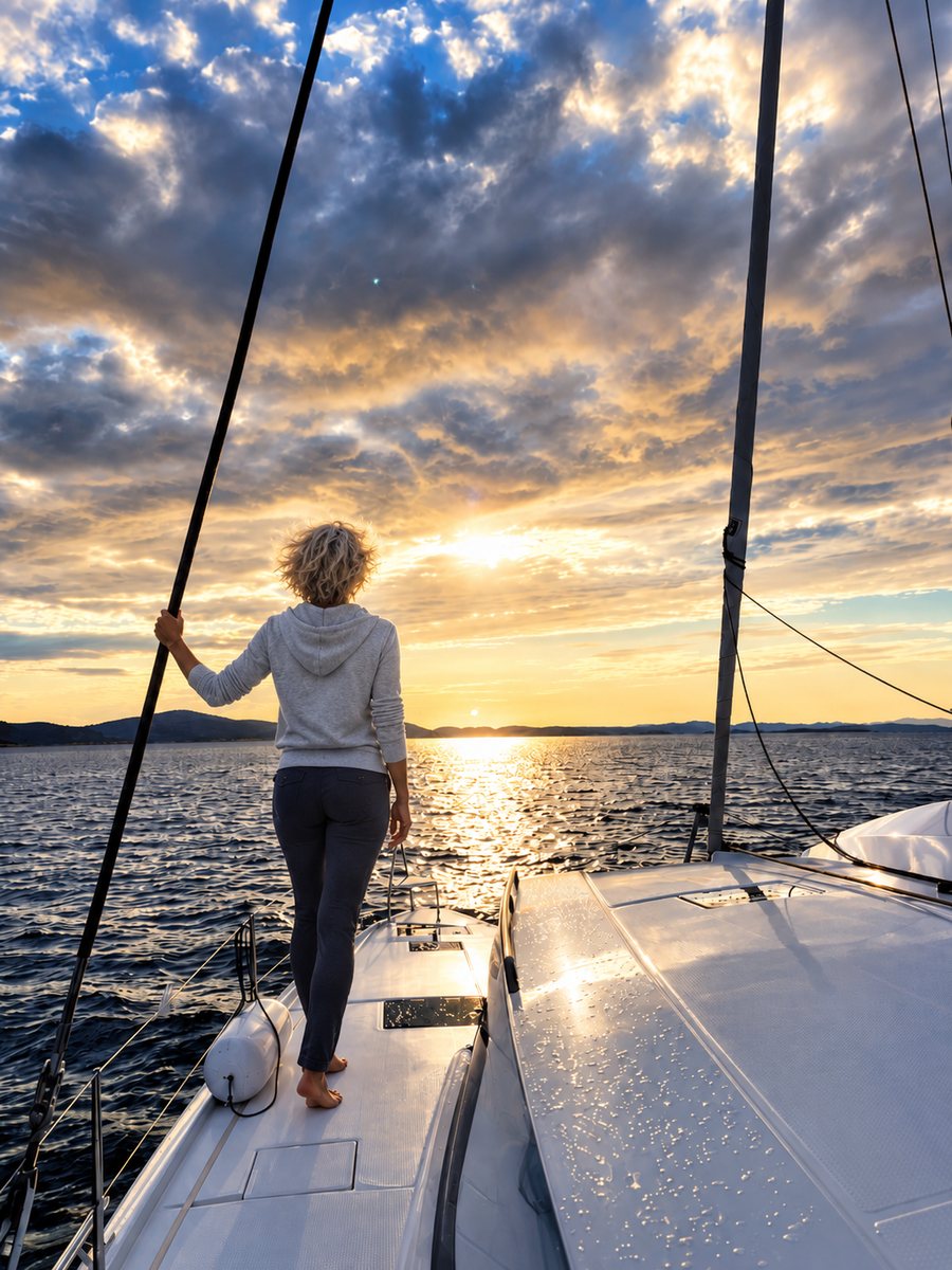 Anna Kapitanski on the bow of a sailboat, looking toward the horizon at sunset